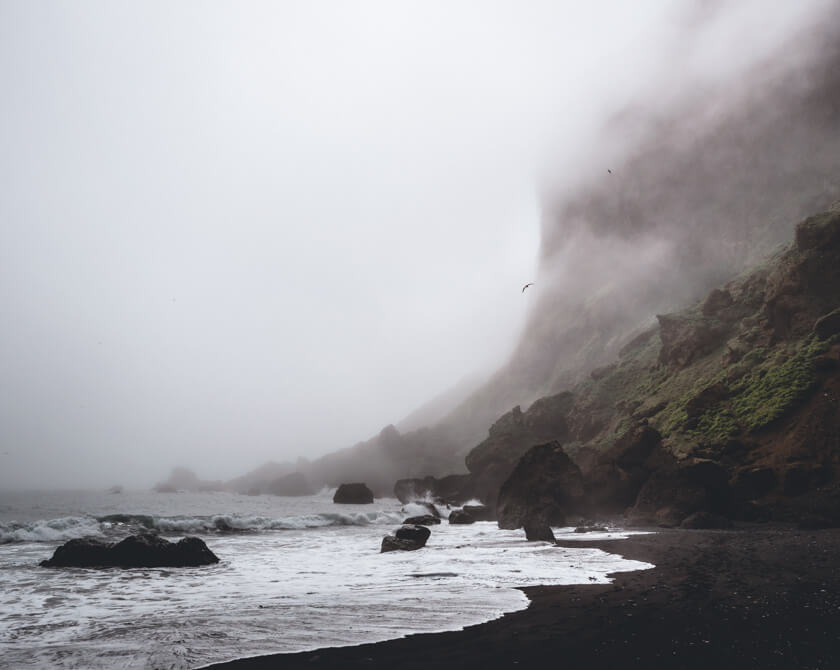 Foggy coastline with black sand beach in Iceland