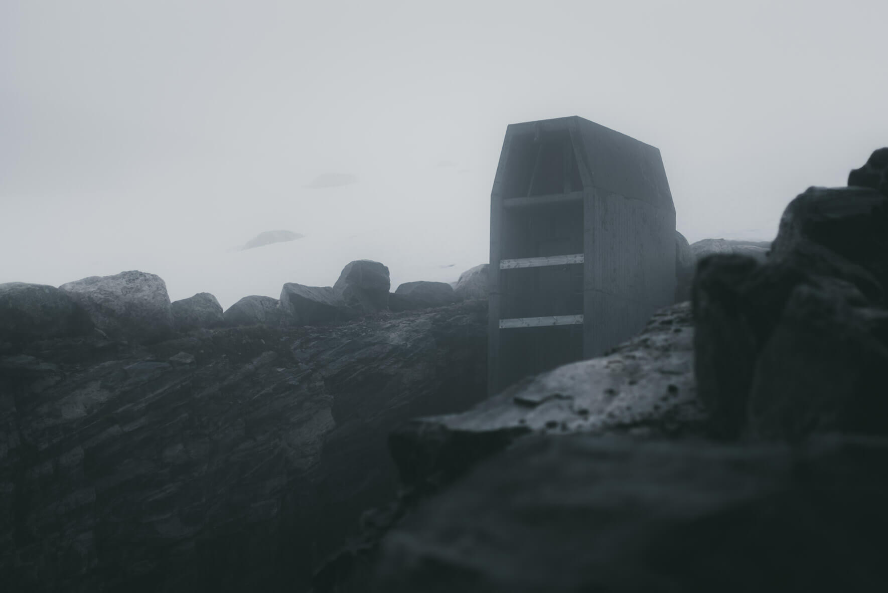 Surreal industrial architecture at lake Styggevatnet near the Jostedalsbreen glacier in Norway