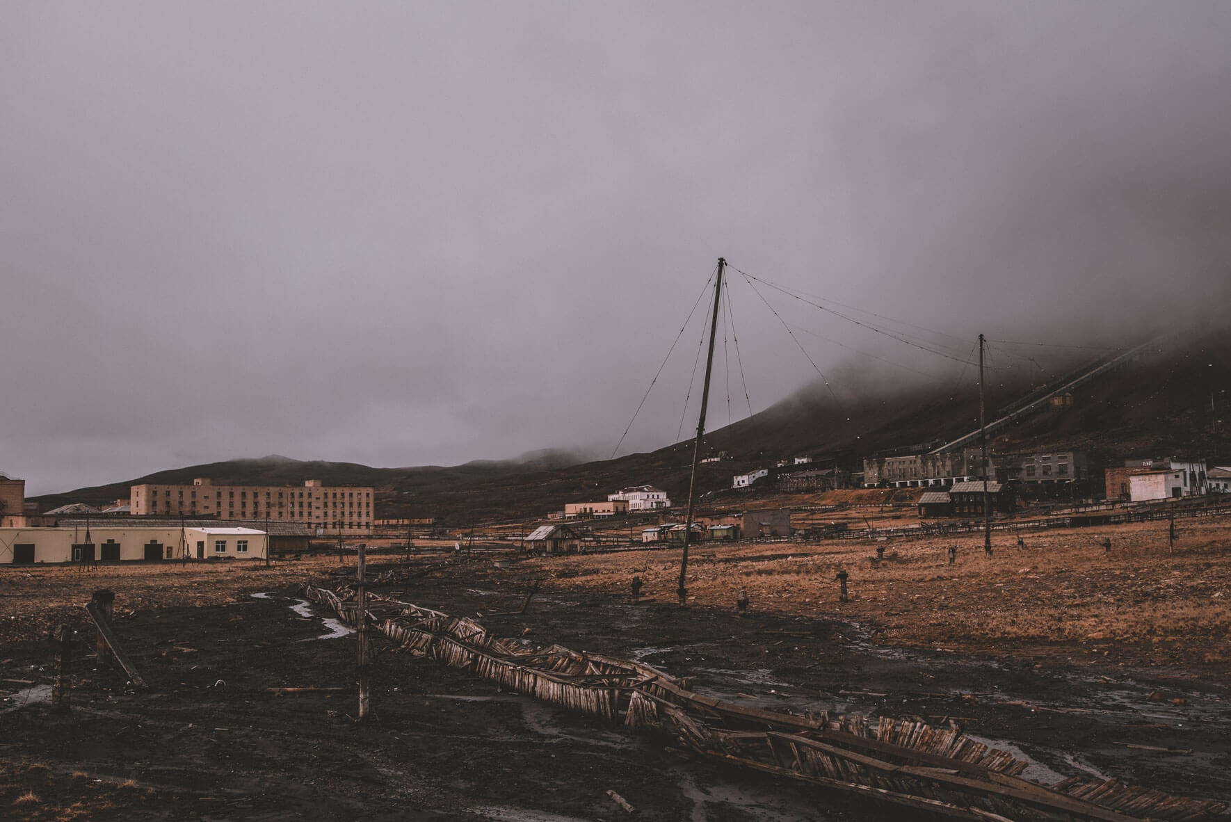 View over the abandoned settlement and coal-mining community Pyramiden on Svalbard, Norway