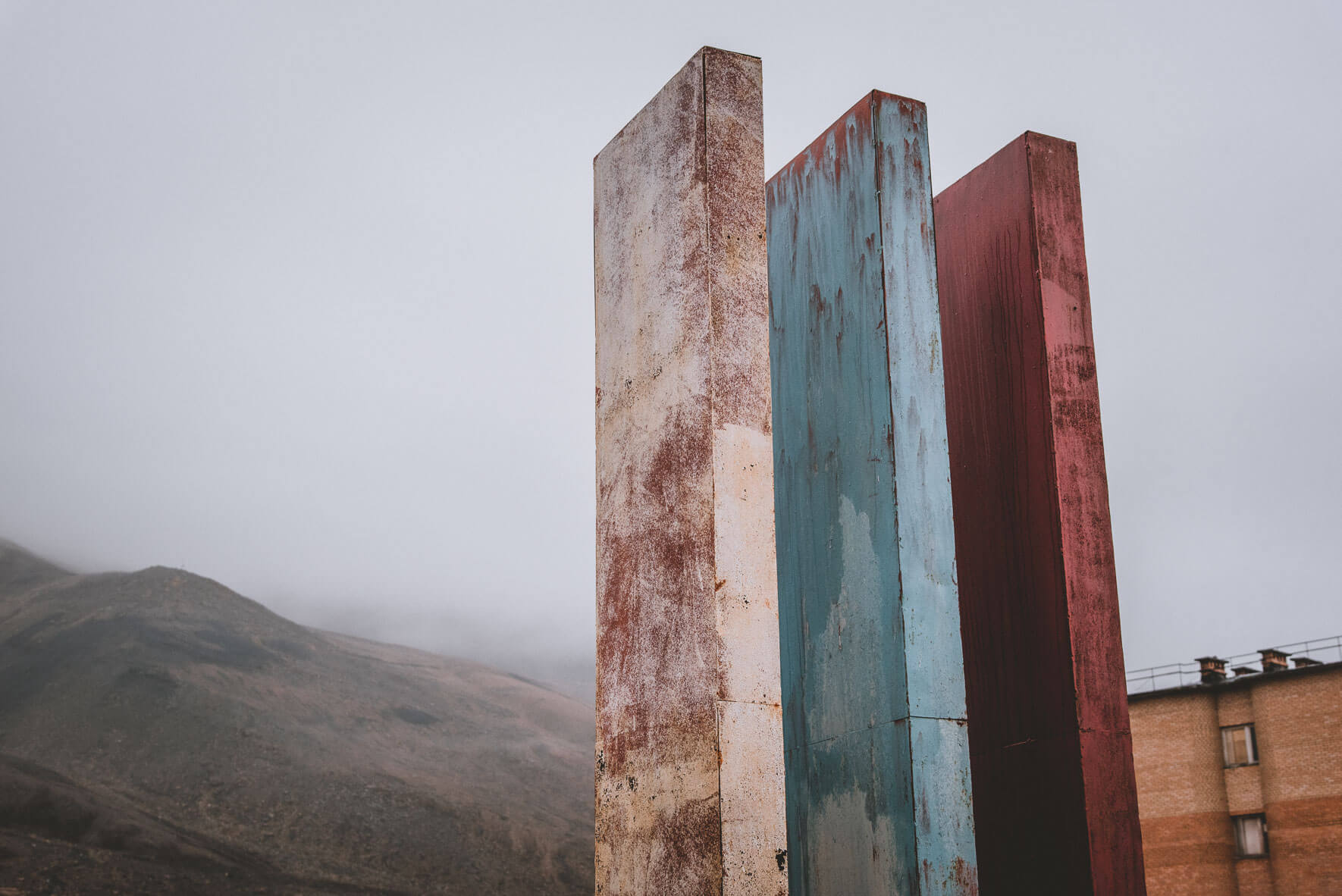 Old monument of the coal-mining settlement Pyramiden on the archipelago of Svalbard in Norway