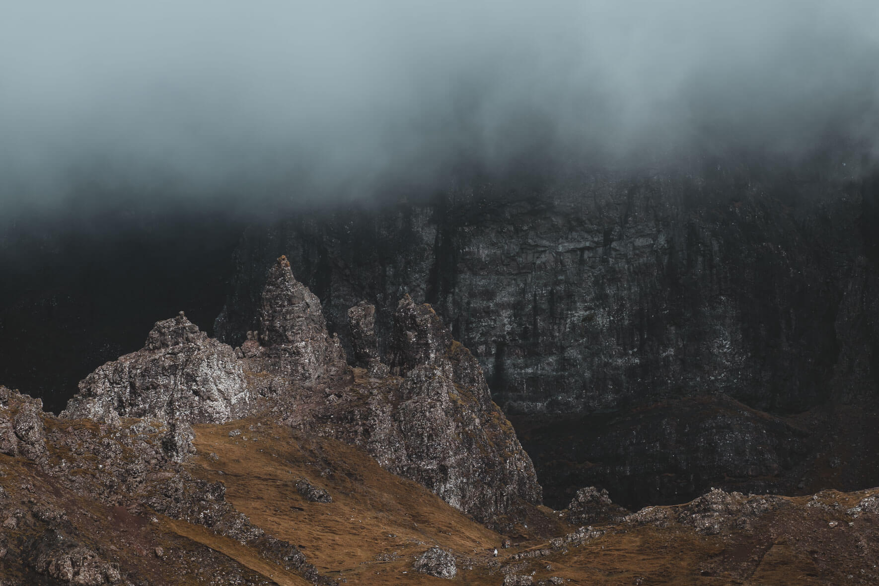 Rock formations at the Old Man of Storr on the Isle of Skye in Scotland