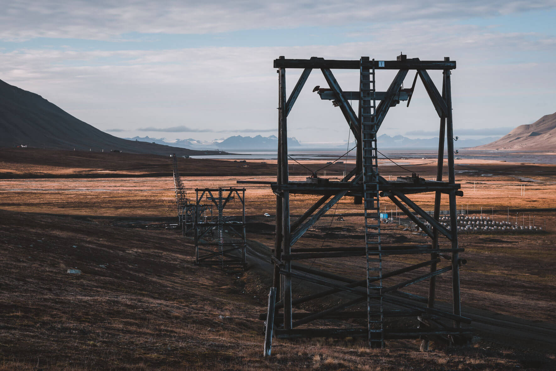 Coal mining tram line from coal mine #6 (Gruve 6) in the Adventdalen valley